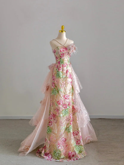 Pretty Mermaid Halter Neck Pink With Flowers Train Sequined Prom Dresses Long Evening Party Formal Outfits RB6609