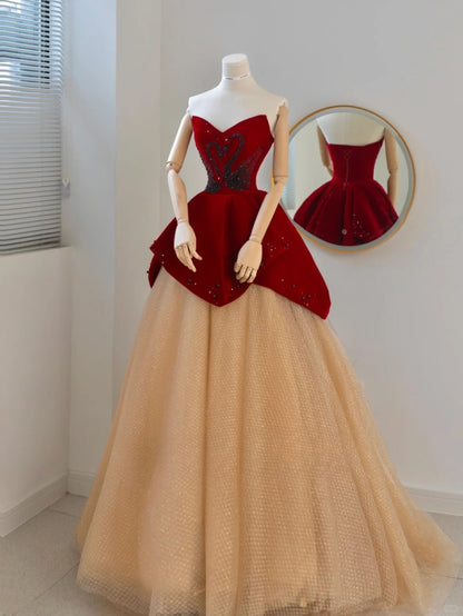 Robe de bal modeste en tulle à décolleté cœur, robe de soirée longue pour fête d'anniversaire de 16 ans, AU147