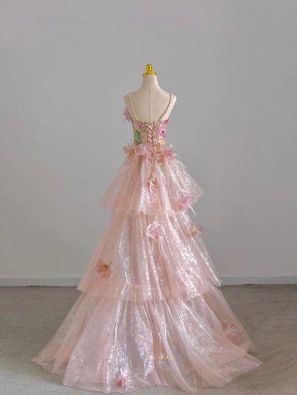 Pretty Mermaid Halter Neck Pink With Flowers Train Sequined Prom Dresses Long Evening Party Formal Outfits RB6609