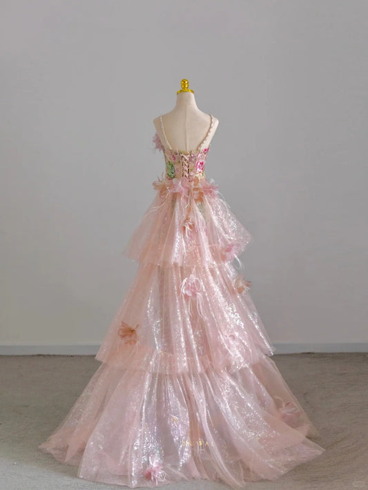 Pretty Mermaid Halter Neck Pink With Flowers Train Sequined Prom Dresses Long Evening Party Formal Outfits RB6609