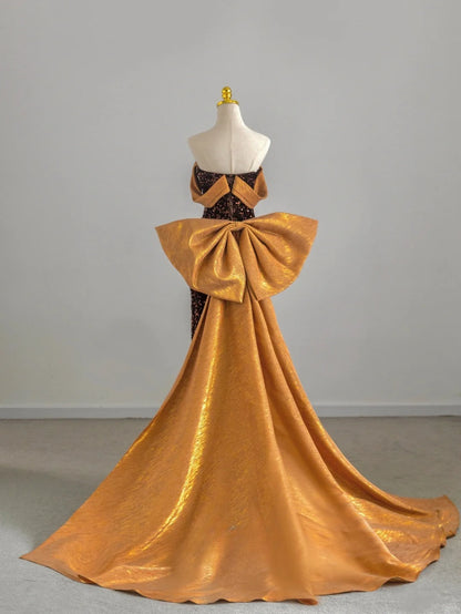 Elegant Mermaid Strapless Gold With Bow Sequin Long Birthday Outfits Semi Formal Gown Wedding Guest Dresses RB6596