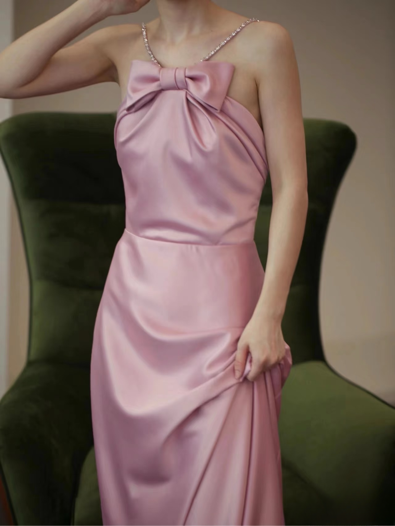 Timeless A line Halter Pink Satin Long Prom Dresses Party Dress Birthday Outfits Graduation Dress AU149