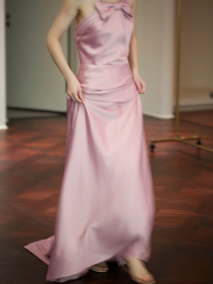 Timeless A line Halter Pink Satin Long Prom Dresses Party Dress Birthday Outfits Graduation Dress AU149