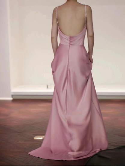 Timeless A line Halter Pink Satin Long Prom Dresses Party Dress Birthday Outfits Graduation Dress AU149