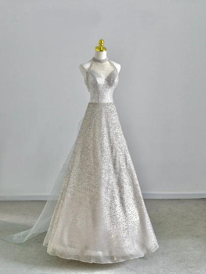 Shinning Ball Gown Halter Silver Gray Sequin Prom Dresses Long Evening Party Formal Outfits RB6610
