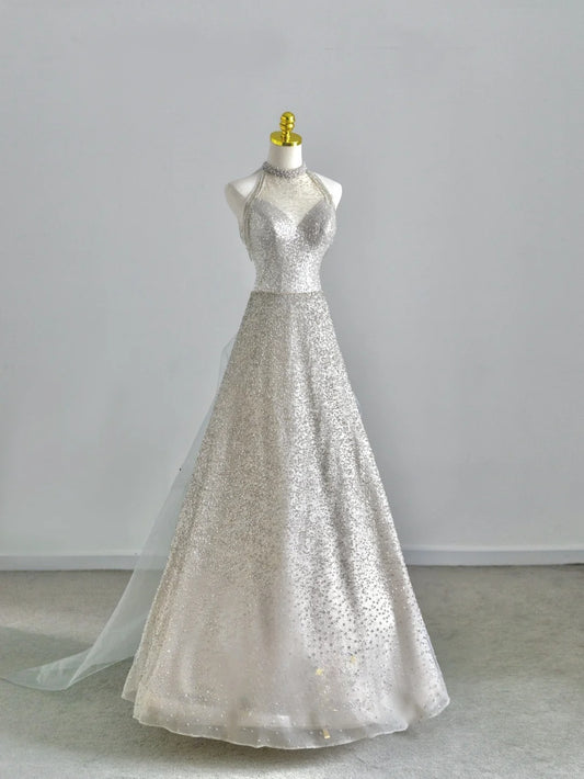 Shinning Ball Gown Halter Silver Gray Sequin Prom Dresses Long Evening Party Formal Outfits RB6610