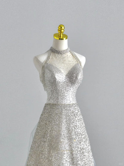 Shinning Ball Gown Halter Silver Gray Sequin Prom Dresses Long Evening Party Formal Outfits RB6610