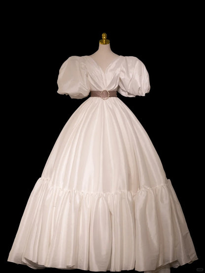Modern Minimalist Ball Gown V Neck With Puffy Sleeves Satin Brides Gown Bridal Dress Wedding Dresses Style RB6611
