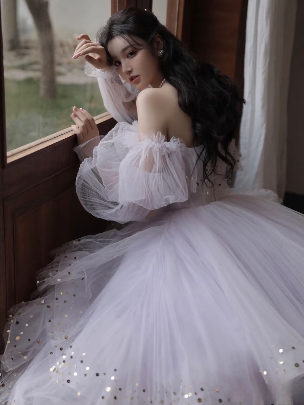 Elegant Ball Gown Square Neck Lilac Long Sleeves Prom Dresses Unique Party Formal Graduation Dress AU146