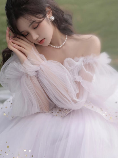 Elegant Ball Gown Square Neck Lilac Long Sleeves Prom Dresses Unique Party Formal Graduation Dress AU146