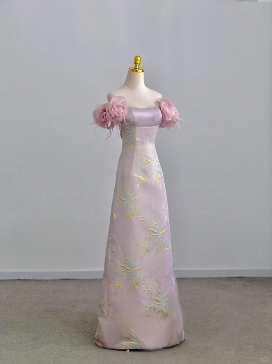 Pretty A line Off The Shoulder Pink With Flowers Prom Dresses Long Evening Party Formal Outfits RB6613
