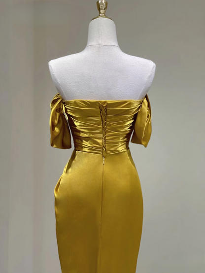 Timeless Sheath Off The Shoulder Gold Satin Long Prom Dresses Party Dress Birthday Outfits Graduation Dress AU154