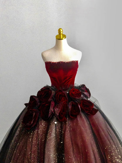 Charming Ball Gowns Strapless Burgundy Tulle Poofy Long With Flowers Quince Dress Sweet 16 inspo Quinceanera Dresses RB7716