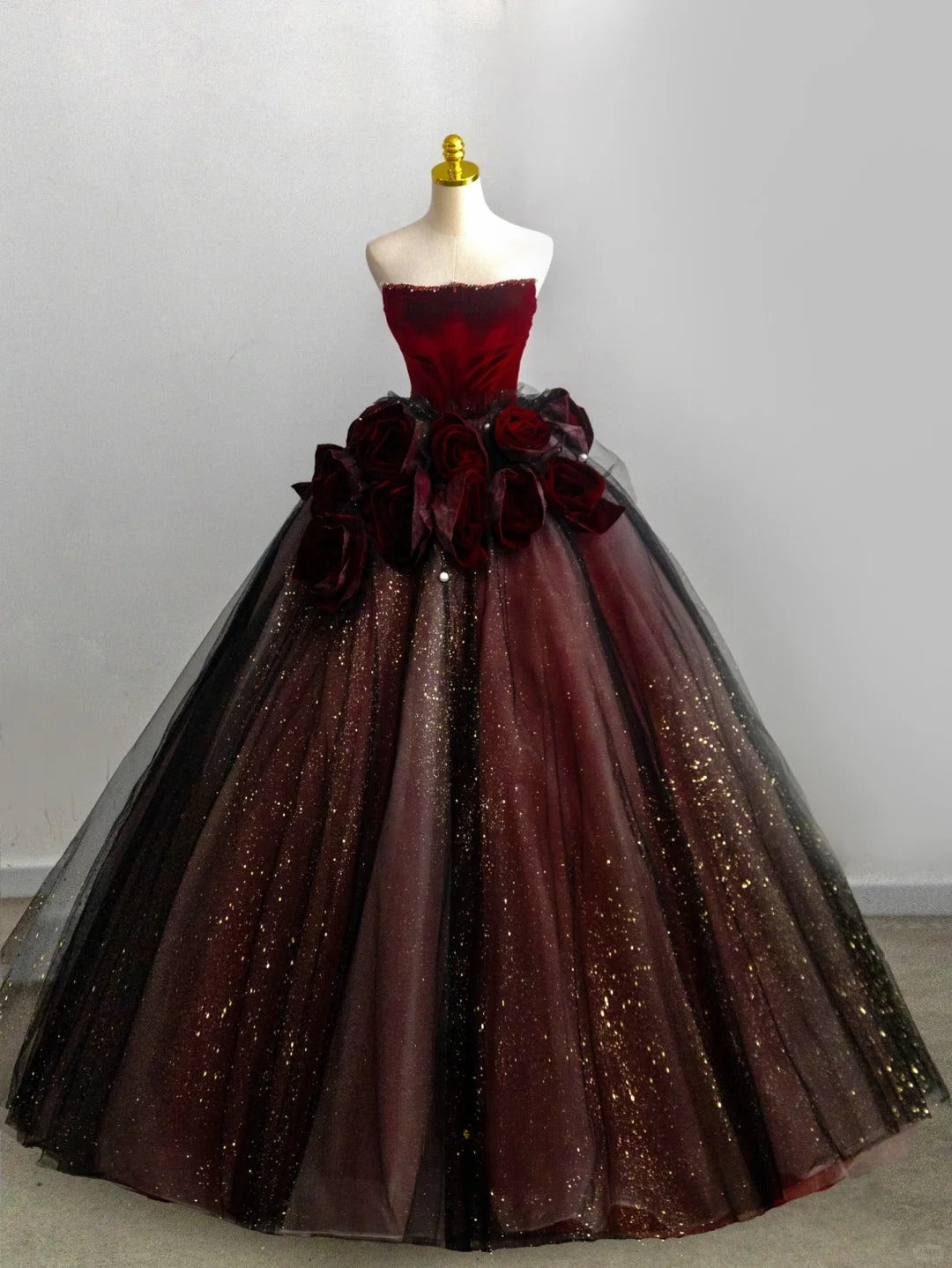 Charming Ball Gowns Strapless Burgundy Tulle Poofy Long With Flowers Quince Dress Sweet 16 inspo Quinceanera Dresses RB7716