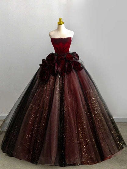 Charming Ball Gowns Strapless Burgundy Tulle Poofy Long With Flowers Quince Dress Sweet 16 inspo Quinceanera Dresses RB7716