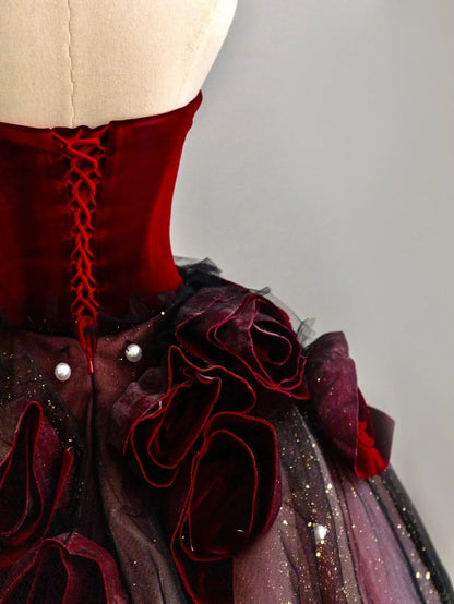 Charming Ball Gowns Strapless Burgundy Tulle Poofy Long With Flowers Quince Dress Sweet 16 inspo Quinceanera Dresses RB7716
