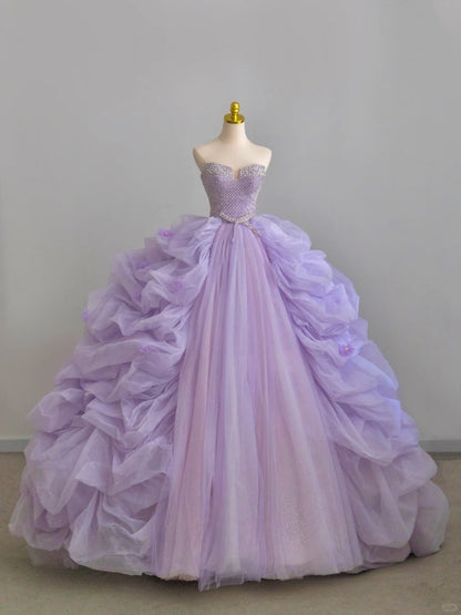 Charming Ball Gowns Strapless Lilac Sleeveless Tulle Poofy Long With Ruffled Quince Dress Sweet 16 inspo Quinceanera Dresses RB7717
