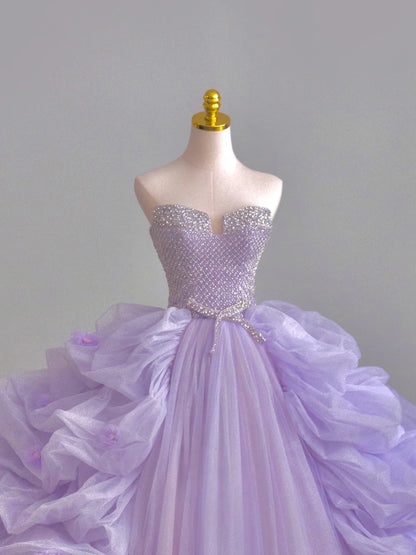 Charming Ball Gowns Strapless Lilac Sleeveless Tulle Poofy Long With Ruffled Quince Dress Sweet 16 inspo Quinceanera Dresses RB7717