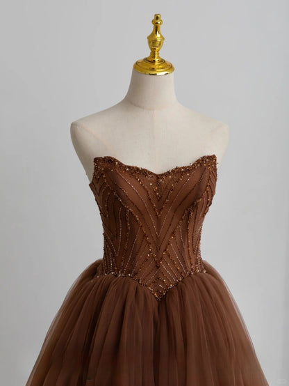 Robe de bal modeste en tulle marron à décolleté cœur, robe de soirée longue pour fête d'anniversaire de 16 ans, AU155