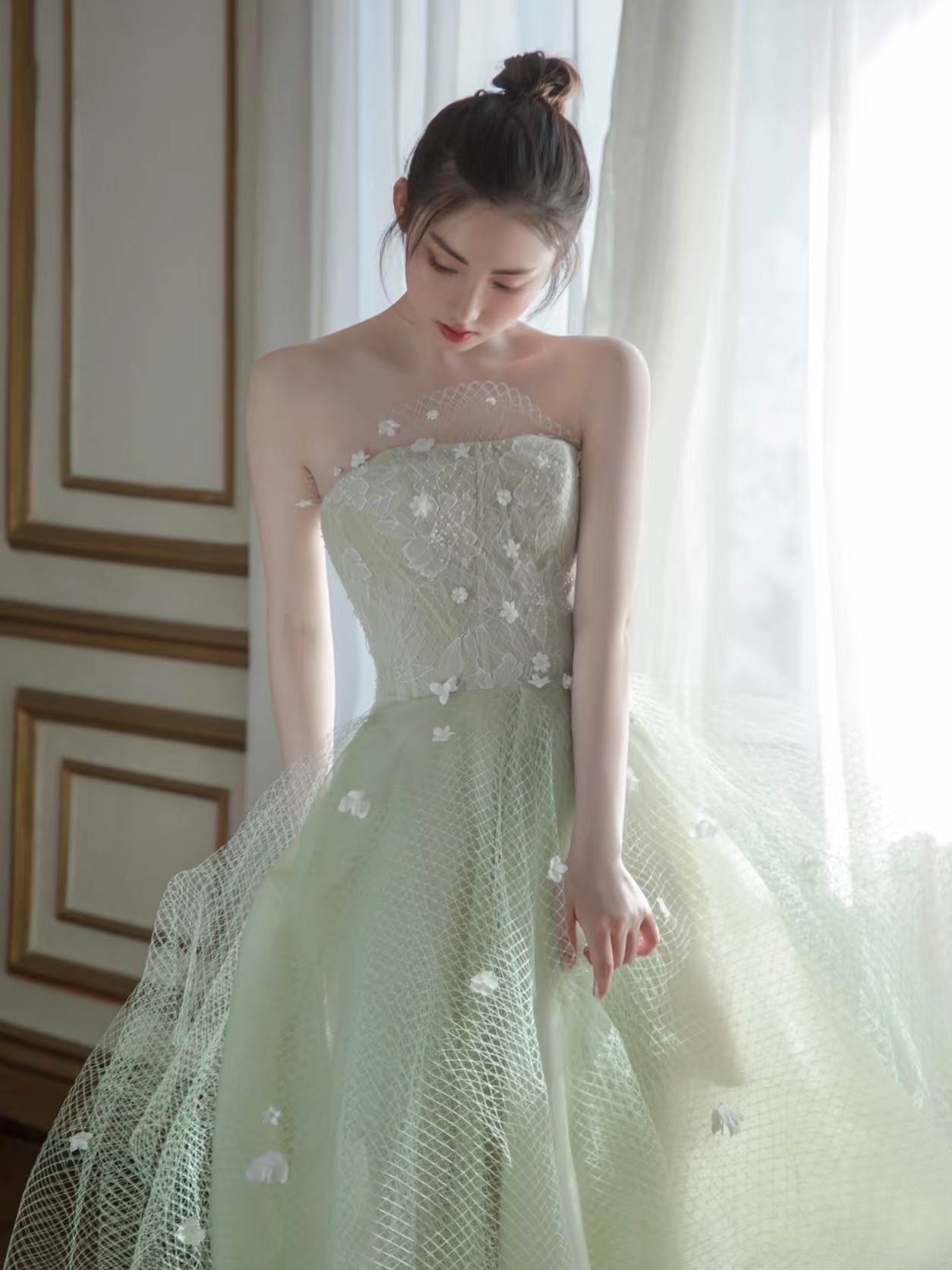 Elegant High Low Strapless Mint Green Tulle Prom Dresses Unique Party Formal Graduation Dress AU156
