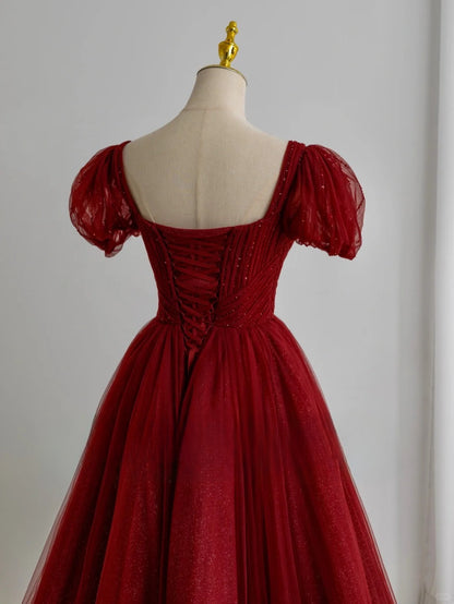 Robe de bal modeste en tulle bordeaux à décolleté cœur, robe de soirée longue pour fête d'anniversaire de 16 ans, AU156
