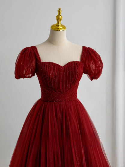 Robe de bal modeste en tulle bordeaux à décolleté cœur, robe de soirée longue pour fête d'anniversaire de 16 ans, AU156