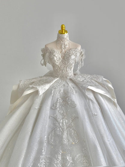 Beautiful Ball Gown Off The Shoulder Lace White With Beading Appliqued Groom Bride Gown Bridal Dress Modest Wedding Dresses RB7718