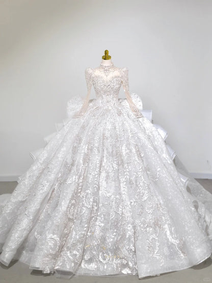 Beautiful Ball Gown High Neck Lace White With Long Sleeves Beading Appliqued Groom Bride Gown Bridal Dress Modest Wedding Dresses RB7719