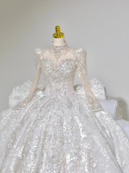 Beautiful Ball Gown High Neck Lace White With Long Sleeves Beading Appliqued Groom Bride Gown Bridal Dress Modest Wedding Dresses RB7719