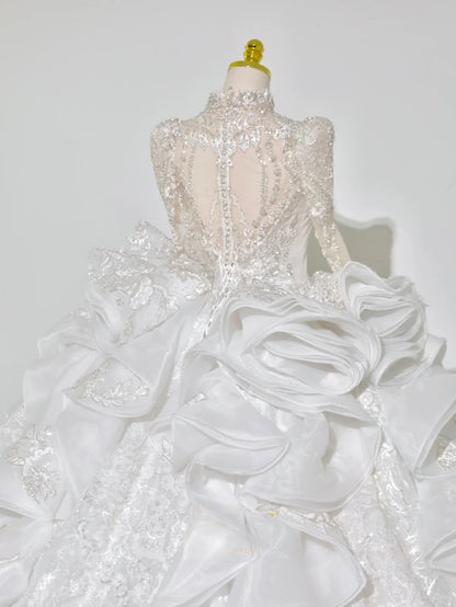 Beautiful Ball Gown High Neck Lace White With Long Sleeves Beading Appliqued Groom Bride Gown Bridal Dress Modest Wedding Dresses RB7719