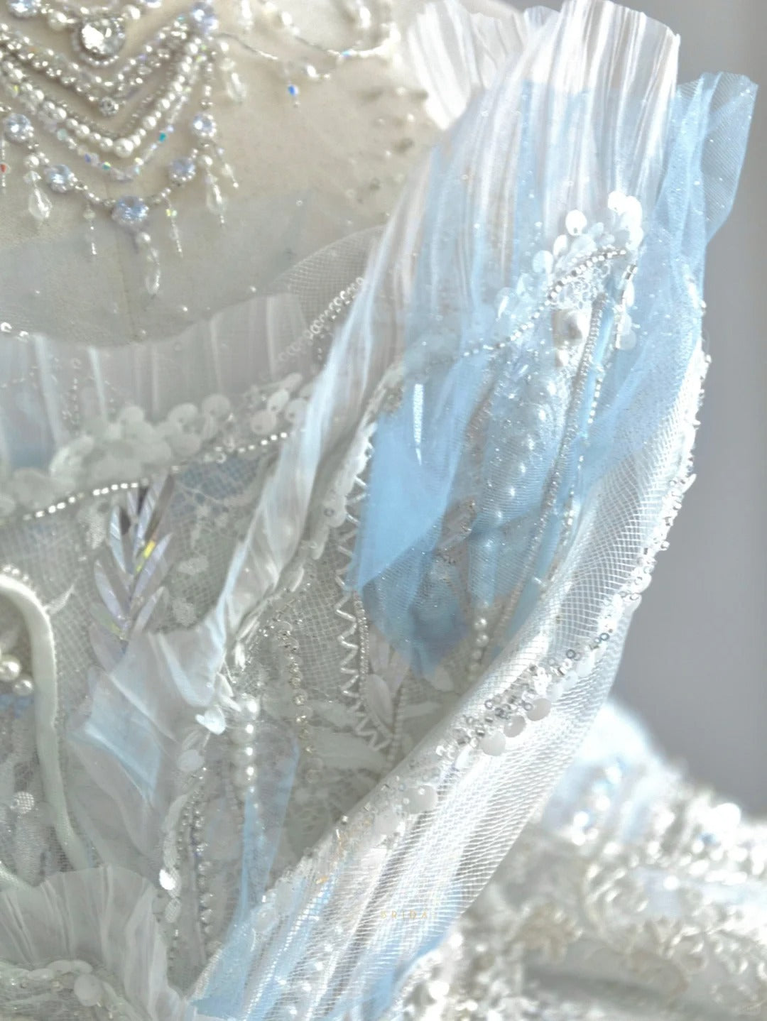 Beautiful Ball Gown Strapless Lace Light Sky Blue With Long Strain Beading Corset Fitted Back Groom Bride Gown Bridal Dress Modest Wedding Dresses RB7721
