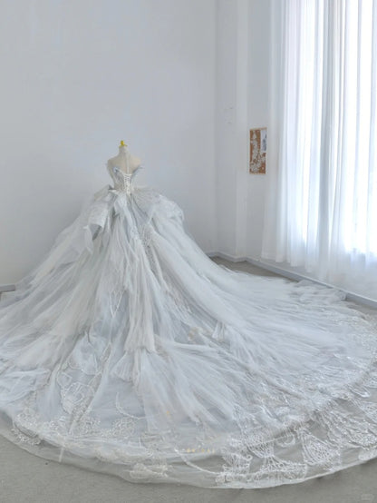 Beautiful Ball Gown Strapless Lace Light Sky Blue With Long Strain Beading Corset Fitted Back Groom Bride Gown Bridal Dress Modest Wedding Dresses RB7721