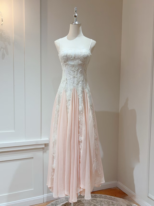 Modest a line spaghetti straps pink chiffon lace prom dress formal party dresses AU158