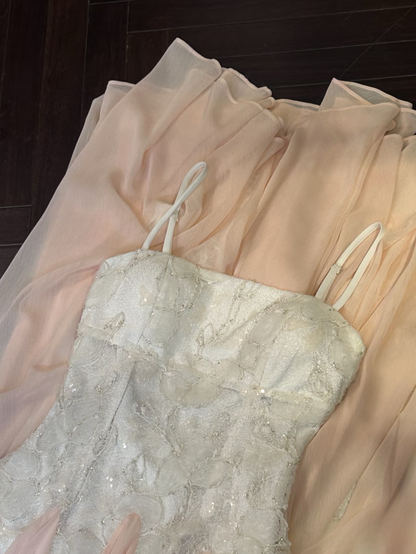 Modest a line spaghetti straps pink chiffon lace prom dress formal party dresses AU158