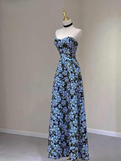 Timeless A line Sweetheart Blue Floral Satin Long Prom Dresses Party Dress Birthday Outfits Graduation Dress AU161