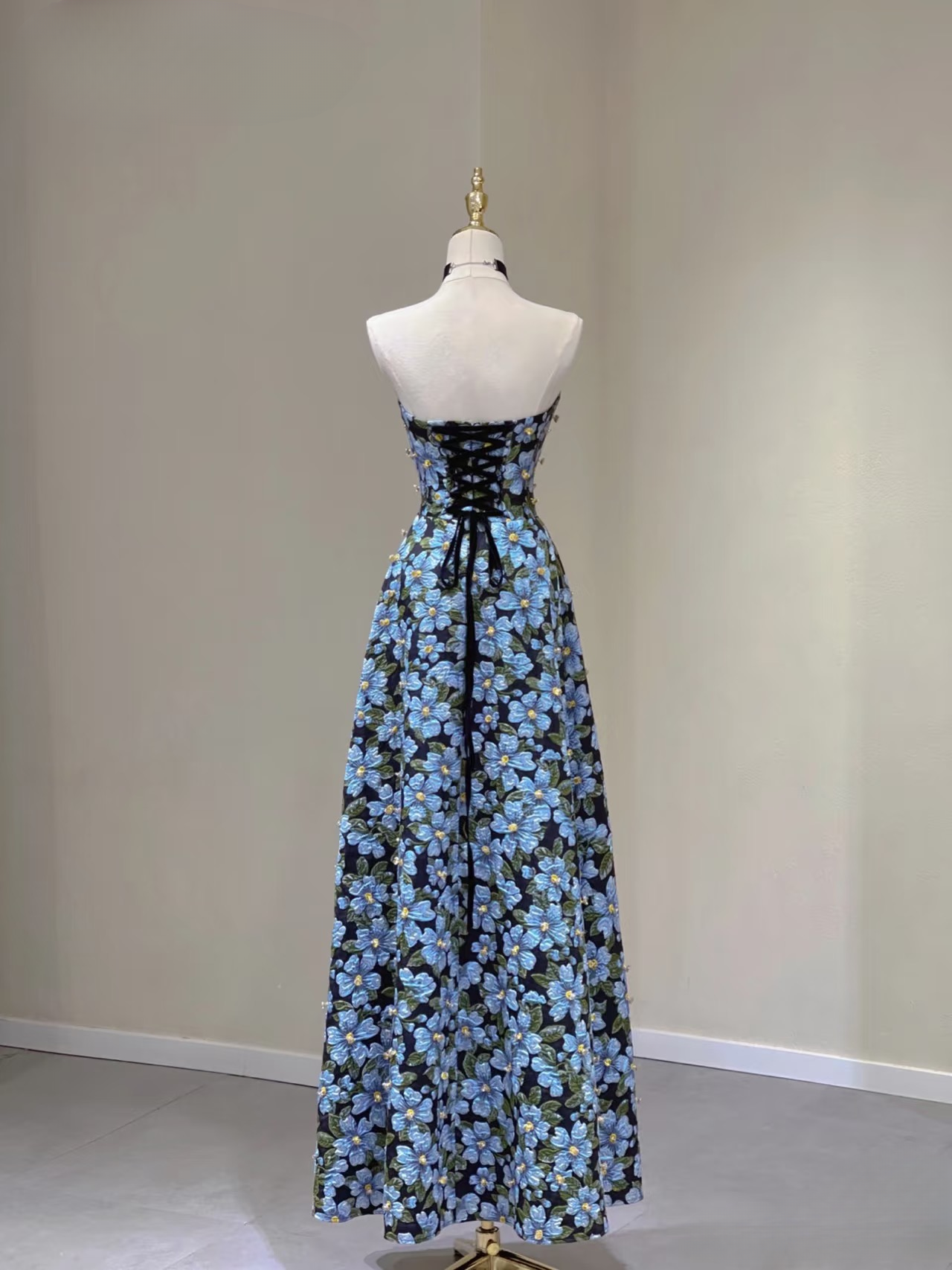 Timeless A line Sweetheart Blue Floral Satin Long Prom Dresses Party Dress Birthday Outfits Graduation Dress AU161