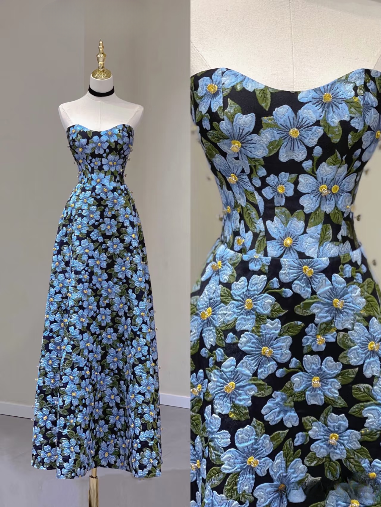 Timeless A line Sweetheart Blue Floral Satin Long Prom Dresses Party Dress Birthday Outfits Graduation Dress AU161