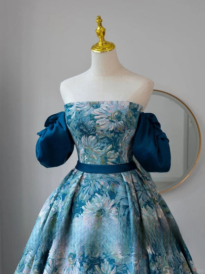 Elegantes, trägerloses Ballkleid aus blauem Satin mit Blumenmuster, langes Kleid für den 16. Geburtstag, Abendkleid AU161