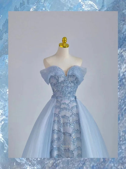 Pretty A line Off The Shoulder Blue Sequined With Sleeves Prom Dresses Long Evening Party Formal Outfits RB6614