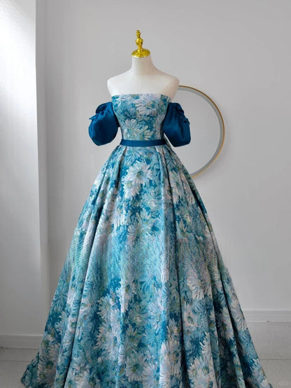 Elegantes, trägerloses Ballkleid aus blauem Satin mit Blumenmuster, langes Kleid für den 16. Geburtstag, Abendkleid AU161