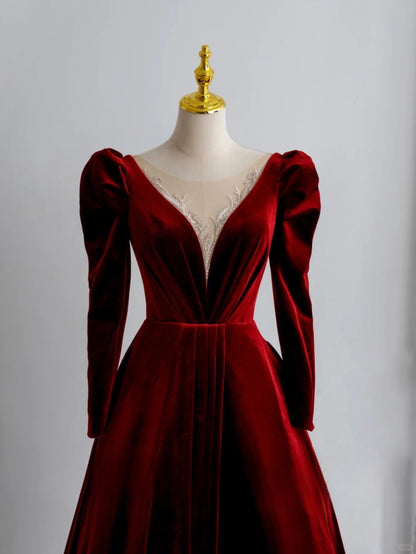 Bezauberndes, burgunderrotes Samt-Abendkleid in A-Linie mit V-Ausschnitt und langen Ärmeln, formelles Partykleid, Ballkleid AU162