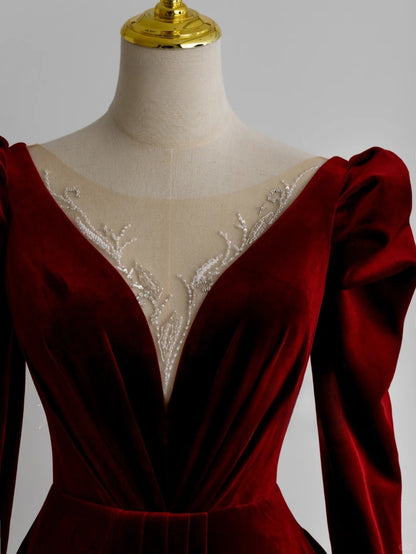 Bezauberndes, burgunderrotes Samt-Abendkleid in A-Linie mit V-Ausschnitt und langen Ärmeln, formelles Partykleid, Ballkleid AU162