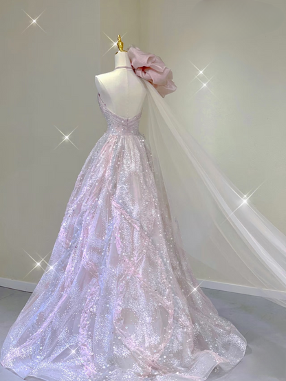 Sparkle Ball Gown Scoop Neckline Pink Sequin Long Prom Dresses Party Dress Birthday Outfits Graduation Dress AU166