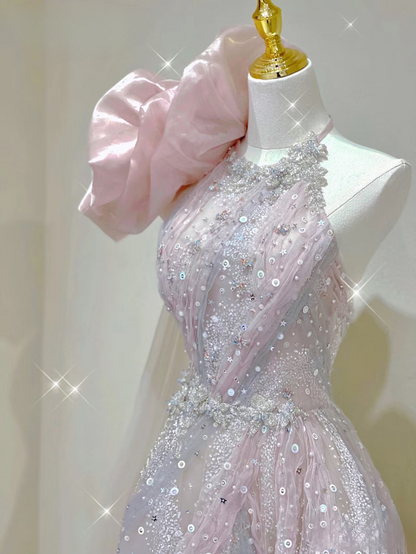 Sparkle Ball Gown Scoop Neckline Pink Sequin Long Prom Dresses Party Dress Birthday Outfits Graduation Dress AU166