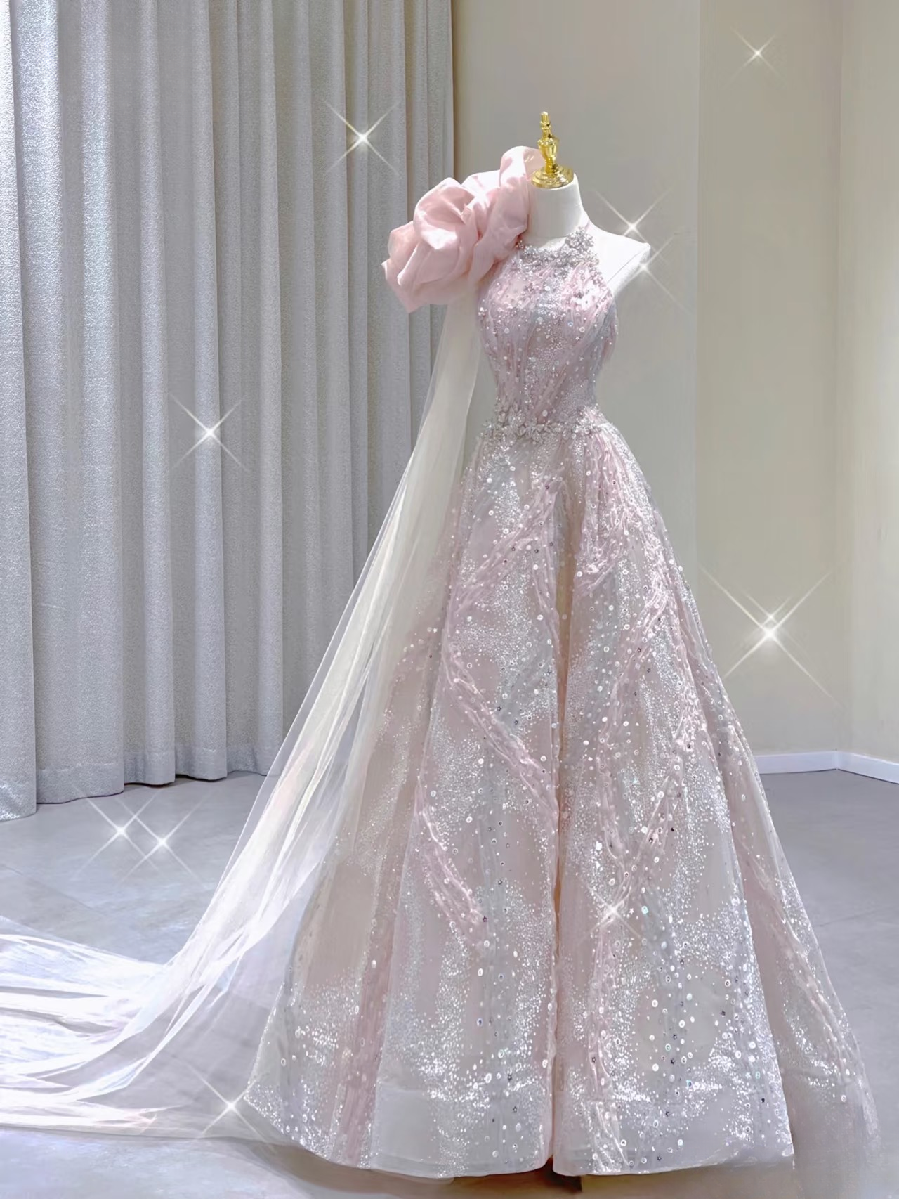 Sparkle Ball Gown Scoop Neckline Pink Sequin Long Prom Dresses Party Dress Birthday Outfits Graduation Dress AU166