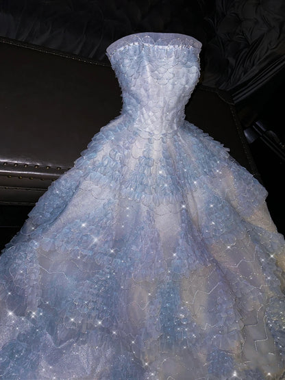 Elegant Ball Gown Strapless Blue Long Tulle Prom Dresses Unique Party Formal Graduation Dress AU171