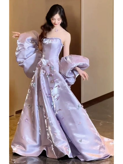 Elegant Ball Gown Strapless Lilac Satin Long Prom Dresses Unique Party Formal Graduation Dress AU174