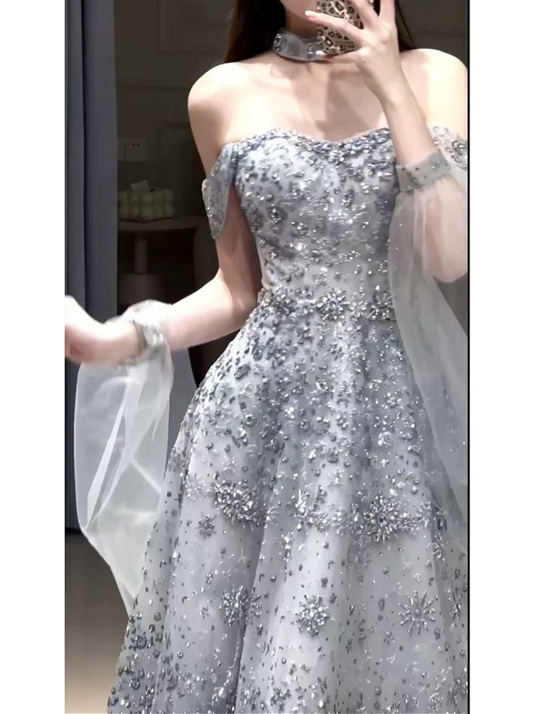 Elegant Ball Gown Off The Shoulder Sequin Silver Gray Long Prom Dresses Party Formal Graduation Dress AU176