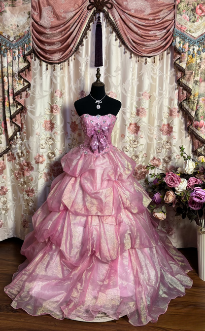 Retro-Ballkleid, trägerlos, langes, rosa Organza-Abendkleid im Stil der 70er und 80er Jahre, AU176