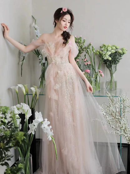 Elegant Ball Gown Off The Shoulder Sequin Blush Pink Long Prom Dresses Party Formal Graduation Dress AU177